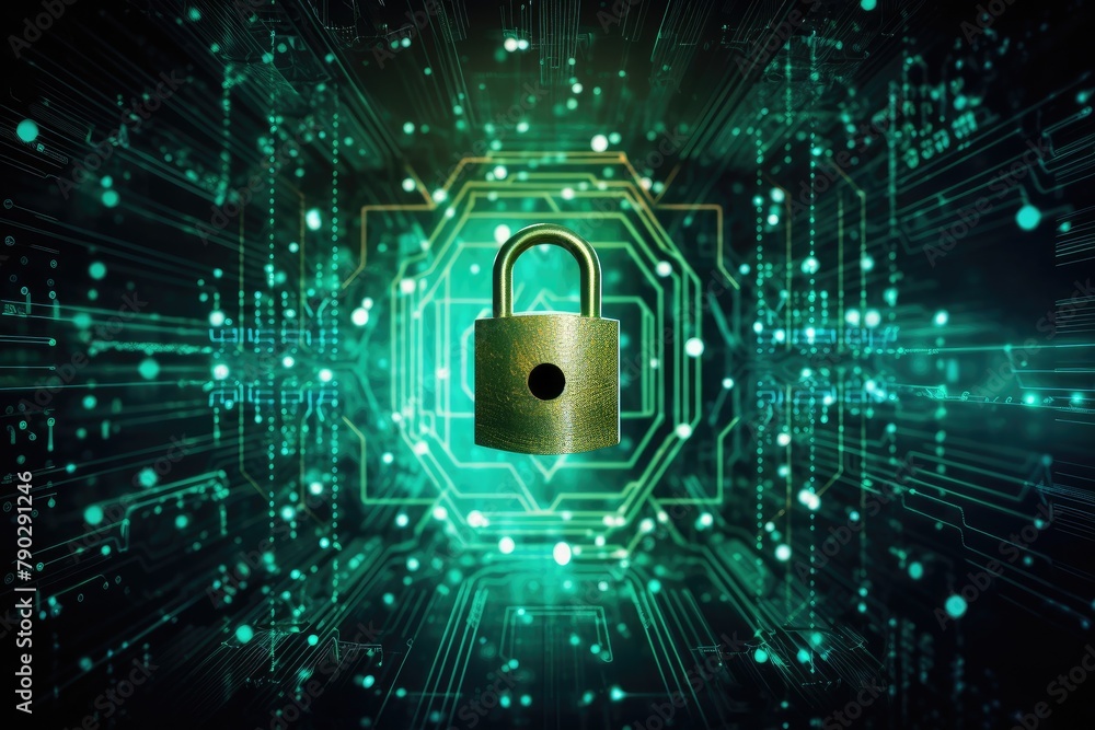 Poster hacker security with lock background, high security green background in network