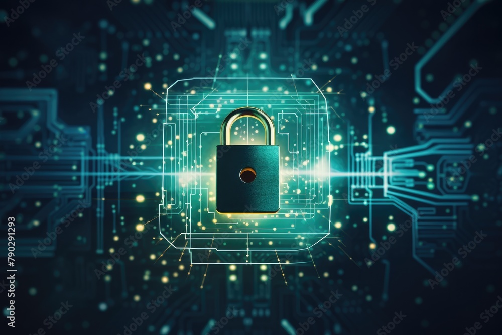 Poster hacker security with lock background, high security green background in network