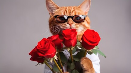 Cute cat with red roses. Gift for Valentines Day and Mothers Day. copy space