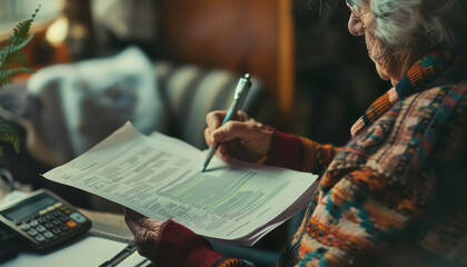An older woman is writing on a piece of paper with a pen