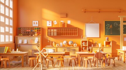 Warm sunlight bathes an empty classroom in a cozy sunset glow, creating a tranquil atmosphere for learning and creativity.