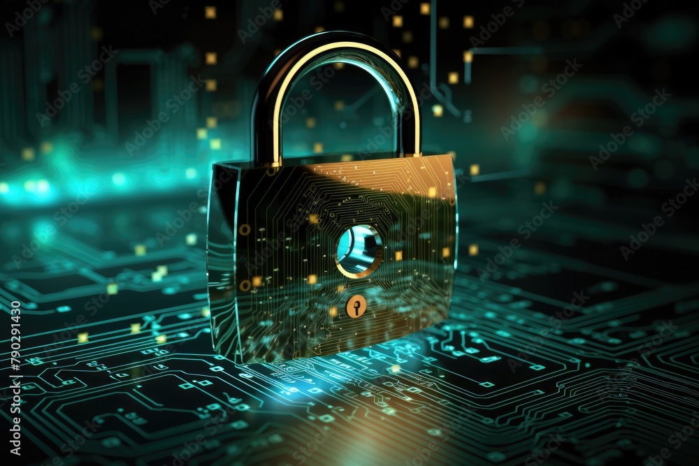 Poster hacker security with lock background, high security green background in network