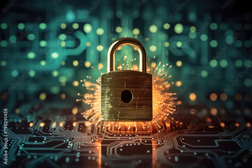 Poster hacker security with lock background, high security green background in network