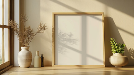 Frame mockup, poster mockup frame, poster mockup standing on table and shelf, interior mockup close angle, Modern soft minimalism and boho interior design. 3D rendering style