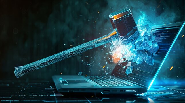 A conceptual representation of a laptop screen being shattered by a hammer, depicted in a dynamic digital art style, symbolizing cyber security or data breach.
