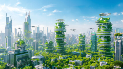 Green tech utopia cityscape. A futuristic cityscape with skyscrapers featuring vertical gardens and drones for environmental monitoring - obrazy, fototapety, plakaty