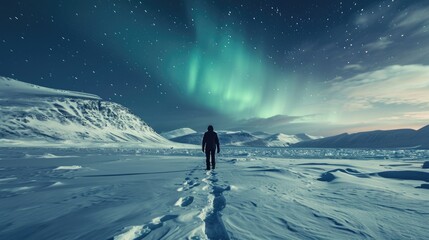The picture of young or adult human that walking in the north pole or south pole and staring into the sky that fill with aurora and star in the night time yet the bright with aurora or star. AIGX03. - obrazy, fototapety, plakaty