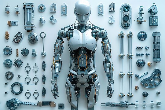 One robot surrounded by disassembled robot parts and details. Layout photography related to maintenance, repair, support, diagnostics.
