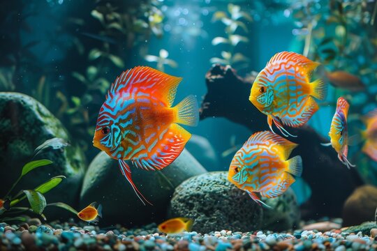 Majestic discus fish gliding among vibrant tank decor
