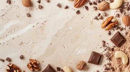Scrumptious Chocolate and Nuts Assortment on Neutral Background for Culinary Concepts. copy space