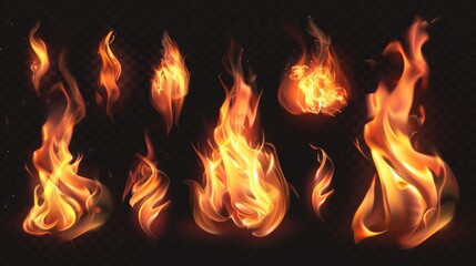 Set of realistic flames on transparent background. Burning campfire effect or candle blaze. Shining orange and yellow flare design elements 3D modern illustration, icon, clipart.