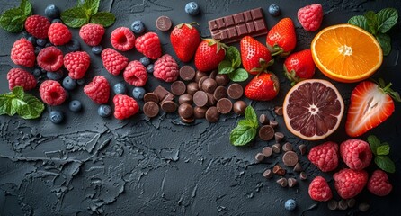 Assorted Fresh Fruits and Chocolate Delights Spread on Textured Dark Background. copy space