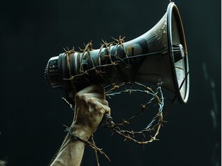  arm wound with barbed wire holding a megaphone, peeling, rusting walls, dark background, forest background