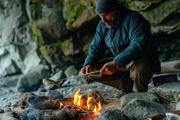 a man cooks marshmallows over the fire while a woman prepares