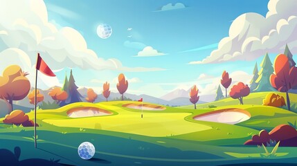 A golf course on green grass with a ball lying on it, next to a pole flag, a sand bunker, and trees surrounding it. A relaxing recreational place background under a cloudy sky. Cartoon modern