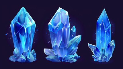 Gemstones of blue crystal rock, isolated genuine neo neon glowing sapphire or quartz gemstone, jewelry and geology magic computer game item, Cartoon illustration of a gemstone. - obrazy, fototapety, plakaty