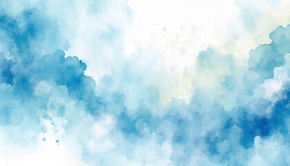 Artistic light blue, cobalt and white watercolor background with abstract cloudy sky concept. Grunge abstract paint splash artwork illustration. Beautiful abstract fog cloudscape wallpaper.
