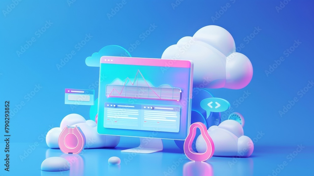 Poster it's an isometric landing page with growing graphs in speech bubbles on a blue background. the conce