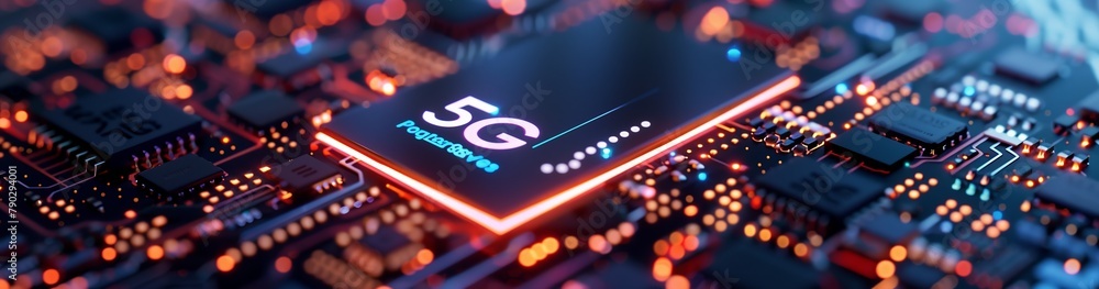 Poster The image shows the advanced fifth-generation processor for 5G wireless networks, which provides high data transfer speeds and reliable communication.