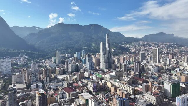Monserrate Mountain At Bogota In Cundinamarca Colombia. Downtown Cityscape. Financial District Background. Bogota At Cundinamarca Colombia. High Rise Buildings. Business Traffic.