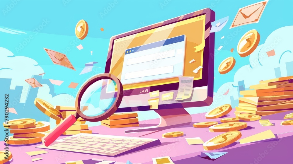 Aufkleber cpc banner, computer desktop with cursor clicking on ad button, magnifying glass and coins. cpc busi