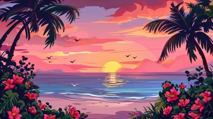 Tropical sunrise or sunset on a beach, palm trees and beautiful flowers under a pink cloudy sky. Evening or morning idyllic paradise, island in ocean, cartoon modern illustration. - obrazy, fototapety, plakaty