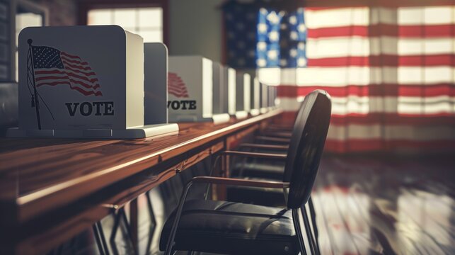 American voters participating in USA elections with private polling booths lined up, showcasing the democratic process in action.