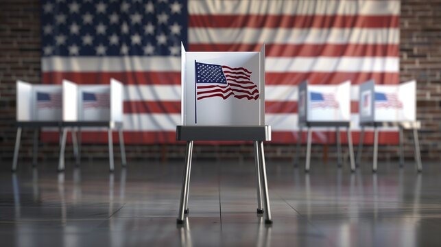 American voters participating in USA elections with private polling booths lined up, showcasing the democratic process in action.