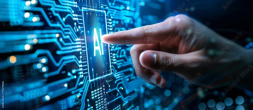 Poster This picture embodies the idea of interaction between humans and AI artificial intelligence, which contributes to the creation of innovative solutions and increased productivity.