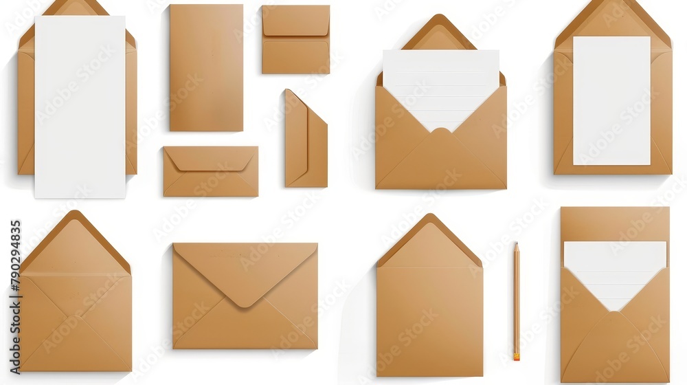 Poster set of brown envelopes with closed and open craft paper covers, vertical letter package with white s