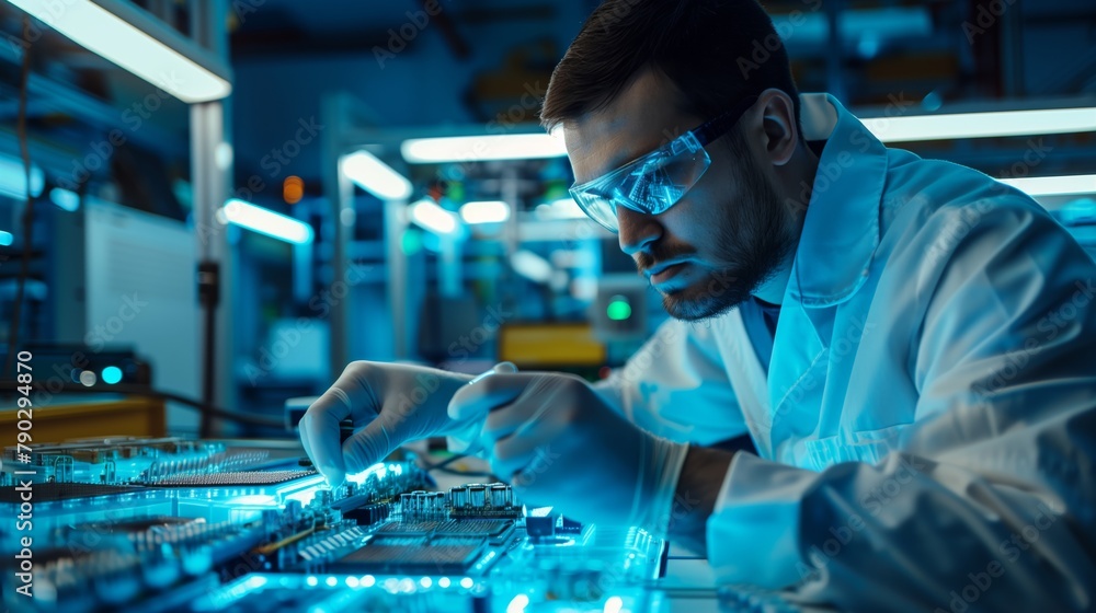 Poster a laboratory technician checks the parameters of manufactured chips on specialized equipment to ensu