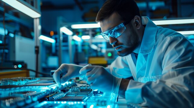 A laboratory technician checks the parameters of manufactured chips on specialized equipment to ensure compliance with technical requirements and quality standards.