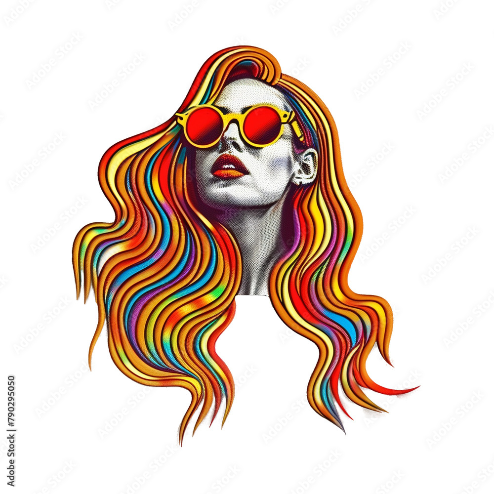 Wall mural Fashion illustration of a beautiful woman with colorful hair and sunglasses isolated on transparent background.