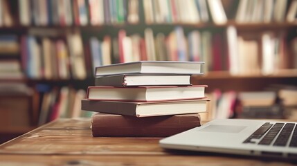 An e-learning concept image showcasing digital education tools such as a laptop, e-books, and glasses, symbolizing the modern approach to knowledge acquisition and effective learning strategies.