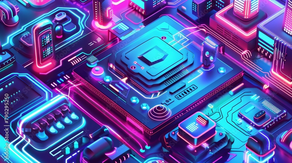 Poster 3 d modern web banner, ai isometric landing page, ai smart devices around circuit processor chip, in