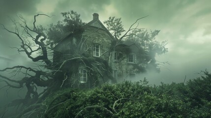 Creepy abandoned and forgotten house exterior decay process with green tree and grey foggy mist in the mountains