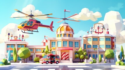 Isolated hospital building, ambulance car, and helicopter on white background. Modern cartoon illustration of medical clinic, emergency rescue, and ambulatory service. - obrazy, fototapety, plakaty