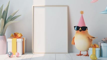 Create a Mockup white poster for birthday next to a Smiling happy Bird in party hat and sunglasses and Gift boxes, minimalistic cute illustration, pastel color for birthday