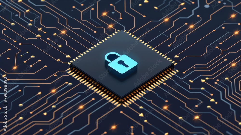 Poster The image of an electronic chip demonstrates the importance of applying appropriate cybersecurity measures in modern information systems.