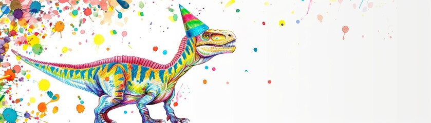 5 year old's basic Teratosaurus in party hat scribbly outline colourful crude juvenile crayon drawing next to a Mockup white poster for birthday on white background