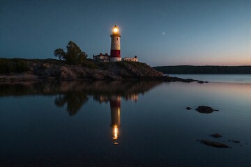 Fototapeta premium Lighthouse on an island, reflected in the water