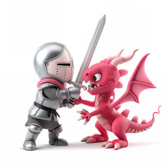 Knight in shiny metal armour fighting a cute little pink dragon, isolated 3d objects on white background - 790296287