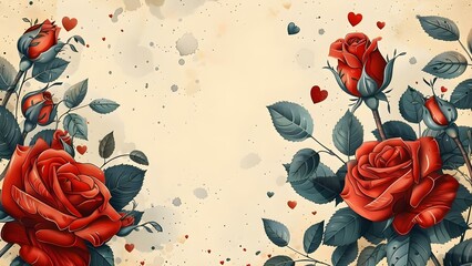 Nostalgic Roses & Hearts Valentine's Theme. Concept Valentine's Day, Nostalgic, Roses, Hearts, Theme - obrazy, fototapety, plakaty