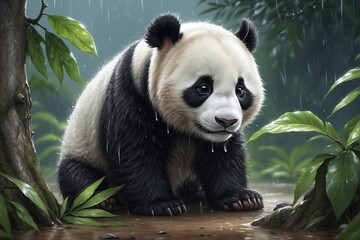Fototapeta premium Wet baby panda in the rain