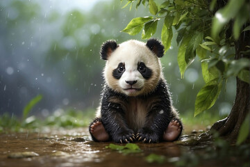 Wet baby panda in the rain