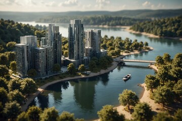 Obraz premium Model of an ideal eco-friendly city with conceptual buildings and green areas