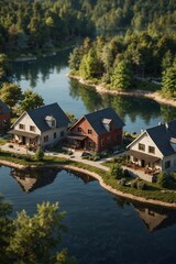 Fototapeta premium Idyllic cottage settlement: beautiful low-rise houses on the shore of a natural reservoir