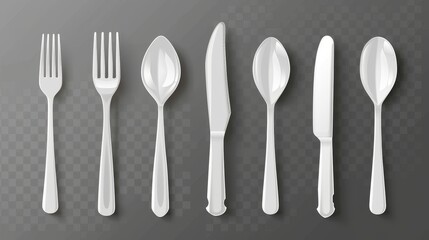 Modern realistic set of white plastic and steel flatware, a stainless fork, spoon, knife and disposable plastic plate. - obrazy, fototapety, plakaty