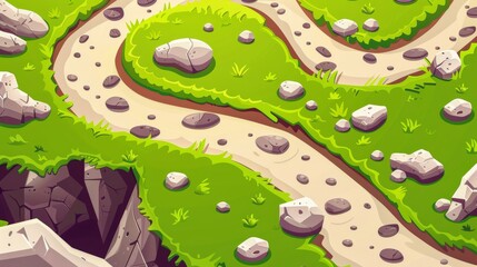 Road top view infographic modern illustration, steps time line, windy rocky trail with pebbles, green grass and rocks throughout, valley scenic landscape, hill path infographic cartoon modern
