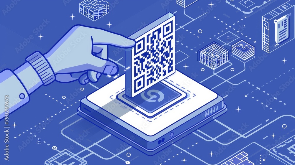 Poster an isometric qr code generator, hand push on the screen using the service to create a machine-readab